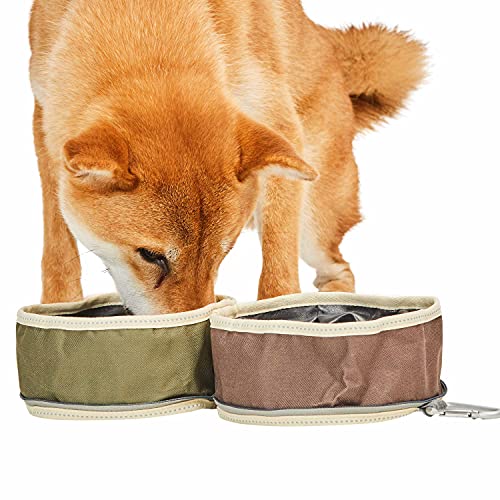 Blueberry Pet Collapsible Dog Travel Bowl in Olive and Brown, Foldable Bowls for Food and Water Feeding, 2 Pack Portable Pet Bowls for Dogs Cats - color: Fabric - Olive and Brown, size: 4" * 4" * 3.14" (Pack of 1)