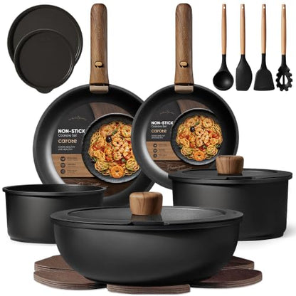 CAROTE 19pcs Pots and Pans Non Stick, Cookware Sets Detachable Handle, Induction Kitchen Pots and Pans,NonStick Cooking Set, Oven/Dishwasher/Fridge Safe, Space Saving - color: Black, size: 19 Piece