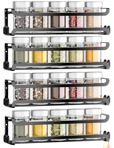 LUCYCAZ 4 Pack Wall Mounted Spice Rack with 16 Hooks, Spice Organizer Shelf for Stove Cabinet Pantry Door,Screw or Adhesive Spice Shelf Hanging Wall Spice Rack in Kitchen and RV (Black, 4 PACK) - color: Black, size: 4 PACK