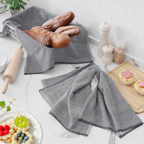Homaxy Premium Kitchen Towels(18”x 28”, 6 Pack), Large Cotton Kitchen Hand Towels, Flat and Terry Dish Towels, 380 GSM Highly Absorbent Tea Towel Set with Hanging Loop, Grey - color: Grey, style: 6-pack