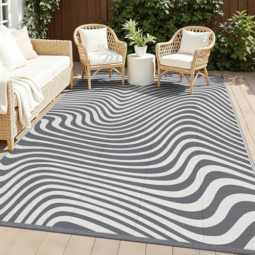Vaukki Outdoor Patio Rug 5x8, Waterproof Woven Plastic Straw Camping Area Mat, Grey RV Striped Outside Reversible Carpet Clearance for Porch Backyard Deck Balcony - color: Wave-grey, size: 5' x 8' (Rectangular)
