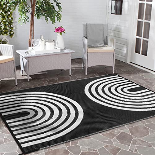Anidaroel Outdoor Area Rug for Patio Clearance 5x8ft Waterproof, Reversible Plastic Straw Rug Outside Rug, UV Resistant RV Mat for Camping, Porch, Balcony, Pool Deck(Black&White, 5‘x8') - color: Black&white Rainbow, size: 5' x 8' (Rectangular)