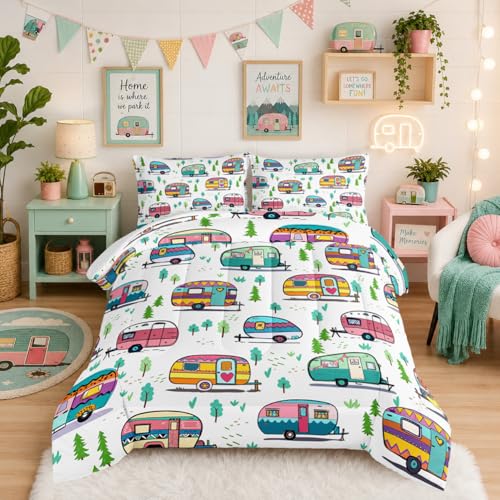 HOSIMA Happy Camping Bedding King Comforter Set for Girls & Boys - Rustic Farmhouse Trailer Bedding Set with Forest Printed Comforter & 2 Pillowcases - color: Color, size: King