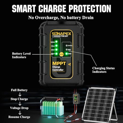 SUNAPEX 12V Solar Battery Charger: 25W Waterproof Solar Panel Kit- Aluminum Trickle Charger for Car Battery with MPPT Controller - Battery Tender Motorcycle Boat Marine RV Trailer Tractor Truck - size: 25W - MPPT