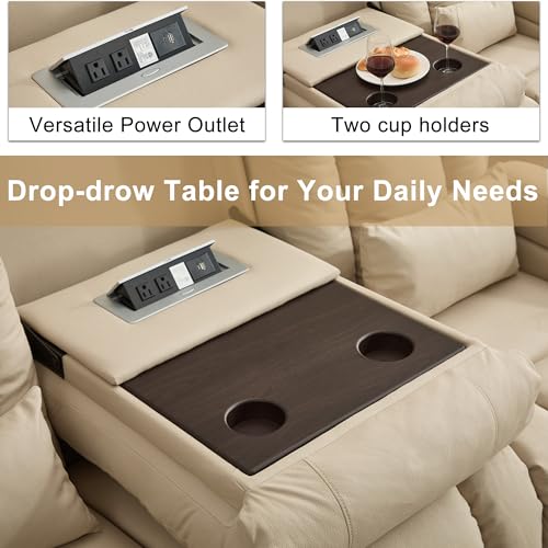 URRED Power Loveseat Recliner Sofa with Massage and Heat, Wall Hugger Reclining Loveseat with Console, RV Couch Home Theater Seating with LED Lights for Living Room (Beige, 89.8" - 3 Seats) - color: Beige, size: 89.8" - 3 Seats