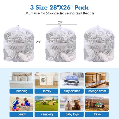 3Pcs Mesh Laundry Bags Washing Machine Mesh Wash Bags Jumbo for Delicates Clothes,Bed Linen,Toys with Drawstring Closure Sturdy(3 XXLarge 28 x 26 Inches) - color: White, size: Jumbo 3 pcs
