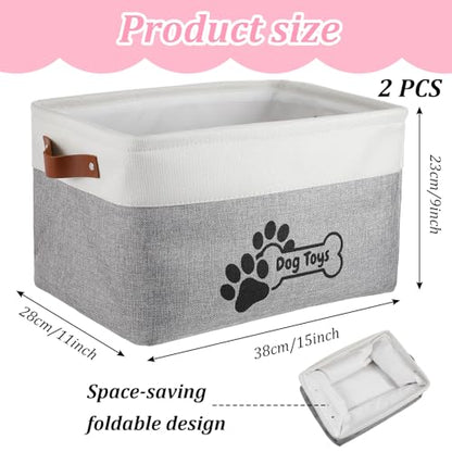 2-Pack Linen Toy Basket for Dogs, Foldable Dog Toy Storage Basket with Handles, Gray Organizer Bin for Pet Toys, Leashes, Blankets & Accessories (15x11x9 Inches)