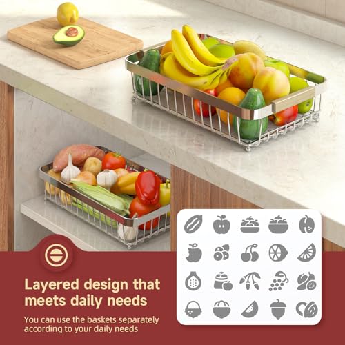 Sevenblue 2 Tier Large Fruit Basket for Kitchen Counter with 2 Mobile Banana Hangers, 2026 Pro Detachable Metal Fruit Bowl with Wooden Handle (Silver, 2 Tier Extra Large) - color: Silver, size: 2 Tier Extra Large