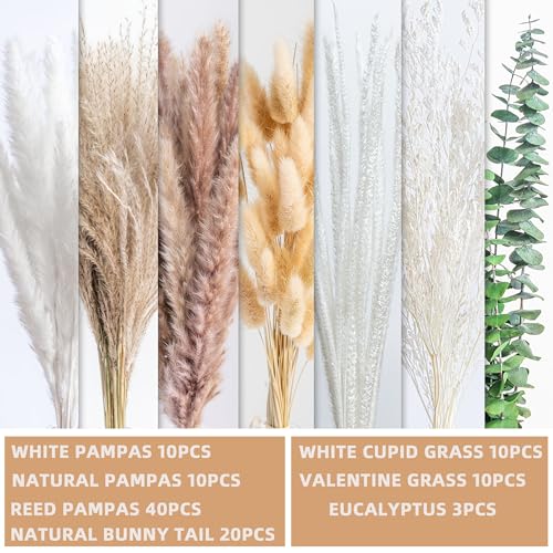 Boho Decor Pampas Grass and Eucalyptus Bouquet,7Kinds Dried Flowers,pompas Grass Dried Flowers Arrangement for Centerpiece Table ,Wedding,Home,Room,Rustic Decor