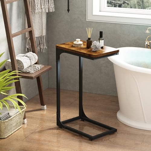 QEEIG Narrow C Shaped Side Table Set of 2 Living Room Sets Slim Couch Tray Tables Skinny Thin Small Farmhouse 9.5 inch Width, Rustic Brown (017-24BN) - color: A. Brown, size: 9.5" Width