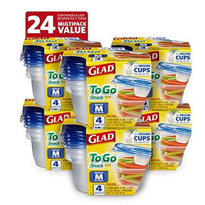 Glad GladWare To Go Snack Food Storage Containers with Lids, Medium Rectangle No BPA Plastic with Built-In Dressing Cup for Salads and Snacks, Microwave Dishwasher Safe, 24 Oz, 4 Count - 6 Pack - size: 24 oz - 24 Count, style: Rectangle