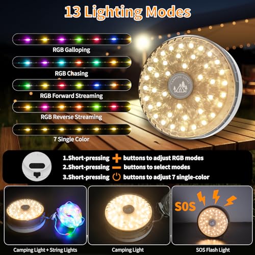 Camping String Lights Rechargeable 4000mAh, 3 in 1 Upgraded Outdoor String Lights with 13 Lighting Modes, 32.8FT LED Hanging Lights, Waterproof Camping Lights for Awning Party Festival Decor