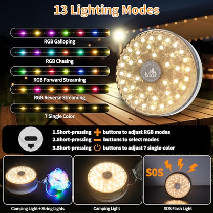Camping String Lights Rechargeable 4000mAh, 3 in 1 Upgraded Outdoor String Lights with 13 Lighting Modes, 32.8FT LED Hanging Lights, Waterproof Camping Lights for Awning Party Festival Decor