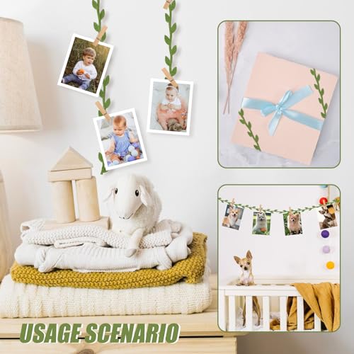 80PCS Mini Clothespins with Leaf Ribbon for Photo, 2pcs 33ft Artificial Greenery Vine and Wood Picture Clips, Hanging Photo Display for Wild Jungle Baby Shower Wedding Birthday Party Decor