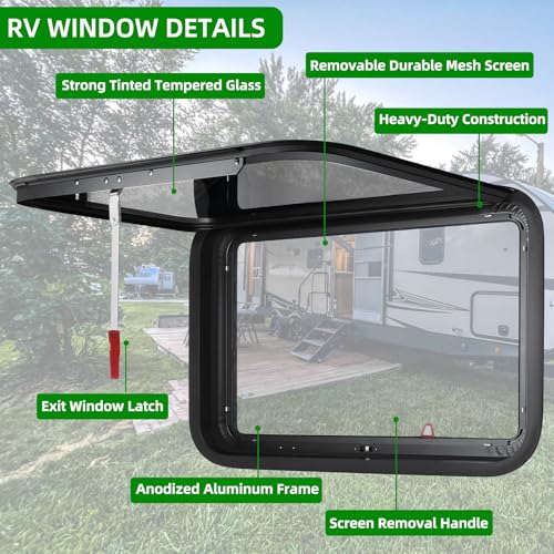RV Exit Window Replacement, 36" W x 22" H Camper RV Emergency Window for Cargo Trailer Camper Van Truck with Net Screen&Trim Ring for 1" or 1-1/2" Wall Thickness,DOT Approved - size: 36"W x 22"H