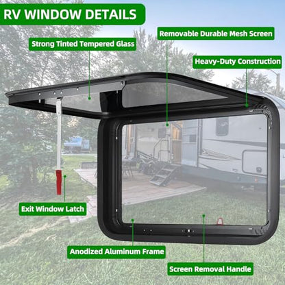 RV Exit Window Replacement, 36" W x 22" H Camper RV Emergency Window for Cargo Trailer Camper Van Truck with Net Screen&Trim Ring for 1" or 1-1/2" Wall Thickness,DOT Approved - size: 36"W x 22"H