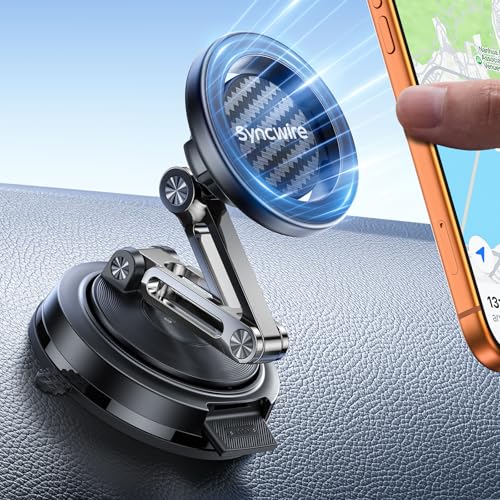 SYNCWIRE for MagSafe Car Mount, [3-Axis Adjustable] Vacuum Magnetic Phone Holder, Replaceable Suction Cup (Dashboard/Windshield), 360° Rotation, Foldable, for iPhone 17-12 Pro/Max/Plus, Carbon-Fiber - color: Carbon Fiber