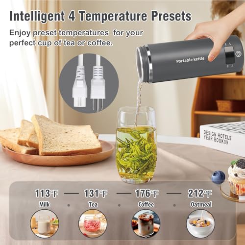 Travel Electric Kettle Portable Mini Kettle,Small Hot Water Boiler with 4 Temperature Settings,304 Stainless Steel,Fast Boiling Water with Auto Shut-Off and Boil Dry Protection,400ml (Grey, 400ml) - color: Grey