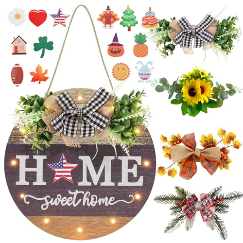 Interchangeable Seasonal Welcome Sign Front Door Decoration with 4 Seasonal Wreaths and LED Light, Rustic Round Wood Wreaths Wall Hanging Outdoor, Farmhouse Front Door Decoration Home Décor - color: Wood-4 Wreaths