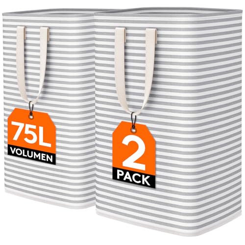 Lifewit 2 Packs Freestanding Clothes Hamper with Carry Handles, Large Tall Laundry Basket for Organization for Adults in Laundry Room Dorm Bedroom, Gray, 2 x 75L - color: Grey, size: 2 x 75L