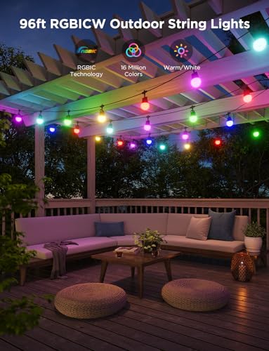 Govee Smart Outdoor String Lights 2, 96ft RGBIC Outdoor Lights with Dimmable Warm White LED Bulbs, 47 Scene Modes for Patio, Backyard, IP65 Waterproof, Compatible with Alexa, App Control - size: 96ft