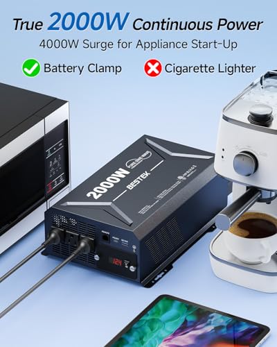 2000 Watt Pure Sine Wave Power Inverter, 12V DC to 110/120V AC Inverter with 3 AC Outlets, Remote, PD 3.0 USB Port, QC 18W, Remote Controller, LED Display,For RV Solar Systems,Semi Truck,Vehicles,Boat - color: Gray