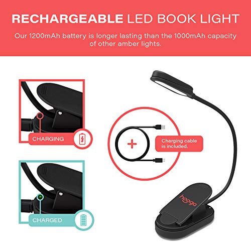 hooga Amber Book Light, Rechargeable Clip-On Blue Light Blocking LED Reading Light, 1600K Warm Eye Care for Bed, Students, Kids, Travel, Nursing, Studying - color: Amber Light