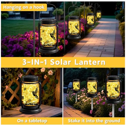 Hummingbird Solar Lanterns 3-in-1 Outdoor Waterproof - Birthday Gifts for Women Mom Christmas, Mason Jar Hanging Lanterns with Stake, Garden Decor Lights for Patio Yard Porch Lawn Balcony Decorations - style: Hummingbird