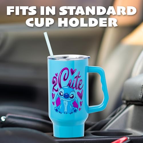 Silver Buffalo Disney Lilo and Stitch “2 Cute” Double Walled Stainless Steel Tumbler with Handle, Fits in Standard Cup Holder, 40 Ounces - color: Kawaii Stitch Sitting