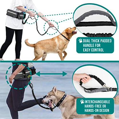 PetAmi Hands Free Dog Leash, Dog Running Leash Belt Bag for Walking, Jogging, Dog Waist Double Zipper Pouch with Poop Bag Dispenser, Dual Padded Handles Reflective Bungee Leash, Double (Charcoal Grey) - color: Charcoal Grey, size: 2 Leashes