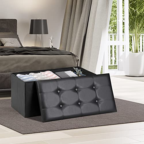Nouva 30 Inches Ottoman Storage Bench, Folding Design Chest Faux Leather Ottomans Footrest for Bedroom Living Room Office,Entryway, Black - color: Black, size: 15"D x 30"W x 15"H