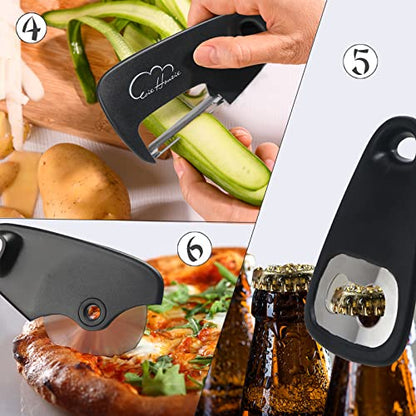 Kitchen Gadgets Set 6 Piece, Space Saving Kitchen Utensils Stainless Steel Accessories Cheese Grater, Bottle Opener, Pizza Cutter, Vegetable Peeler, Paring Knife, Garlic Grinder, Burlap Bag Gift(BLK) - color: Classical Black 6pcs