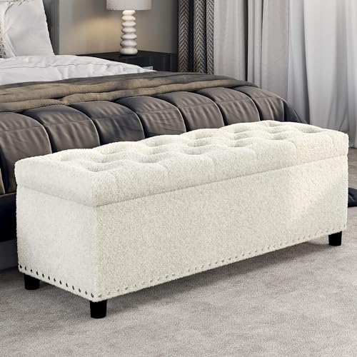 BELLEZE Storage Ottoman, Tufted Ottoman with Close Hinge, Foot Rest for Living Room (White, 47 inch) - color: White, size: 1