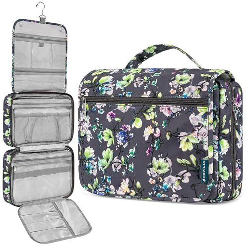 PAVILIA Hanging Toiletry Bag for Women Men, Large Travel Organizer with 5 Compartments & Swivel Hook, Dopp Kit, Foldable Water-Resistant Makeup Cosmetic Bag for Full Size Bottles (Gray Floral) - color: Grey Floral