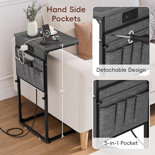 Vagusicc C-Shaped End Table Set of 2 with Charging Station, Small Side Table for Couch, Adjustable Height Couch Side Table, Slide Under Sofa Table TV Tray for Living Room,Bedroom,Bedside, Gray Walnut - color: 2pc Gray Walnut