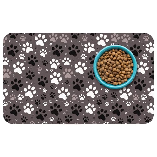 Patterned Cat & Dog Bowl Mat for Food and Water, 12""×20"" Quick Dry Absorbent Pet Feeding Mat, Eco-Friendly Dog Placemat - color: Brown-paw, size: Small (12" x 20")
