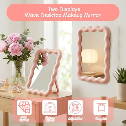 Pink Mirror, 6.9 * 5.3 Inch Small Mirror for Desk, Wave Shaped Personal Mirrors, Portable Folding Mirrors for Standing Hanging for Women, Offices and Bedrooms