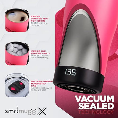 SMRTMUGG X Heated Coffee Mug 19 oz., 8 Hour Battery Life, Self-Heating, Adjustable Temp Controlled, LCD Screen, Includes Cover with Magnetic Slider (Pink) - color: Pink
