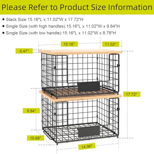 2 Pack Stackable Wire Baskets with Bamboo Top for Pantry Organizers and Storage, XXL Kitchen Organization Counter Basket for Fruit, Vegetable, Produce, Bread, Potato and Onion Storage Bins - size: XXL-15.2x11.02x9.84
