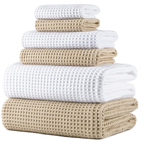 POLYTE 430 GSM Microfiber Quick Dry Lint Free Oversize Bath Towel Set, 6 Piece (Waffle Weave) - color: White,beige