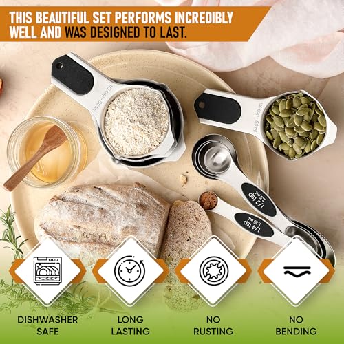 Spring Chef Magnetic Measuring Cups & Spoons Set, Patented, Strong N45 Magnets, Heavy Duty Stainless Steel Fits in Spice Jars for Baking & Cooking, BPA Free, Round Set of 9, Black - color: Black, size: Set of 9