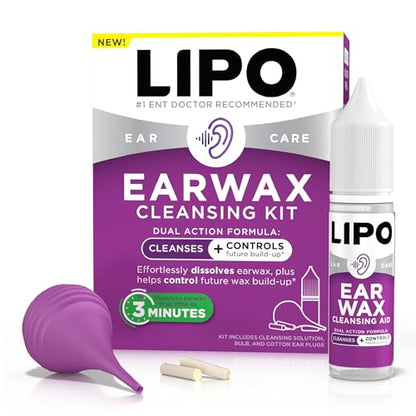 LIPO Earwax Removal Kit - Ear Wax Removal Drops with Bulb Syringe & Ear Plugs - Ear Cleaning Kit for Clogged Ears - Peroxide-Free, Gentle Ear Care for Daily Ear Hygiene & Wax Build-Up Removal