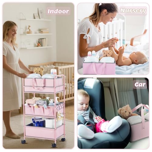 Honeydak 2in1 Baby Diaper Caddy Organizer Cart 3 Tier Large Capacity Metal Utility Bedside Rolling Cart with Divider Newborn Registry Nursery Essential Must Have Crib Bedroom Baby Shower(Pink) - color: Pink