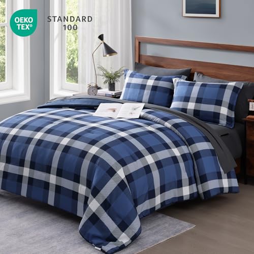 MaiRêve Queen Size Plaid Comforter Set Indigo Blue, Classic Checkered 7 Pieces Farmhouse Bedding Set, All Season Lightweight Bed in A Bag with Sheets, Pillowcases & Shams - color: Indigo Blue, size: Queen