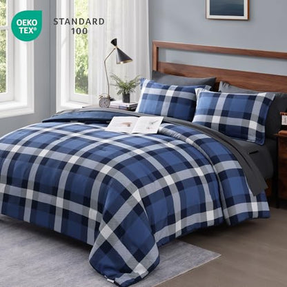 MaiRêve Queen Size Plaid Comforter Set Indigo Blue, Classic Checkered 7 Pieces Farmhouse Bedding Set, All Season Lightweight Bed in A Bag with Sheets, Pillowcases & Shams - color: Indigo Blue, size: Queen