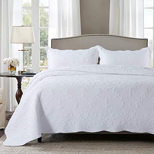 HoneiLife Quilt Set Queen Size - 3 Piece Embroidered Microfiber Bedspread Reversible Coverlet Lightweight Bedcover Paisley Pattern Bedding Set All Season Quilts-White - color: White, size: Queen/Full-90"x96"