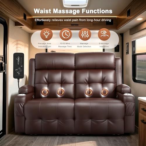 RV Loveseat Recliner Sofa, Wall Hugger Massage Reclining RV Couch with USB, Insert Pockets, Cup Holders, 150° RV Recliners Sleeper Sofas for RV Furniture & Travel Trailers & Home Theater Seating - color: Brown, size: Loveseat-G1