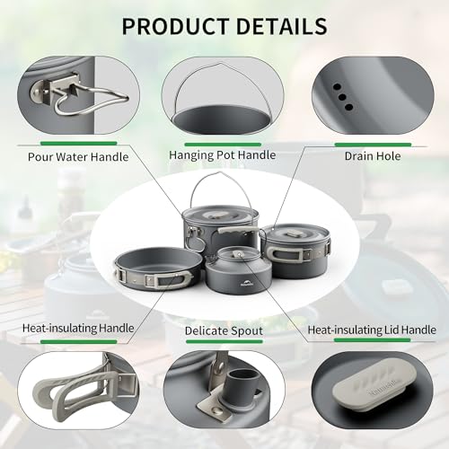 Naturehike Camping Cookware Set Mess Kit for Backpacking Gear, Camp Cooking Set, Camping Pots and Pans Set for Outdoor Backpacking Camping Hiking Picnic - color: 4-7 People