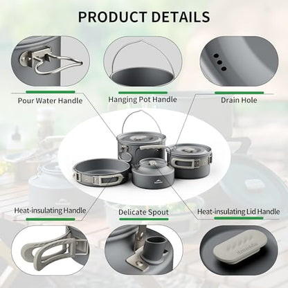Naturehike Camping Cookware Set Mess Kit for Backpacking Gear, Camp Cooking Set, Camping Pots and Pans Set for Outdoor Backpacking Camping Hiking Picnic - color: 4-7 People