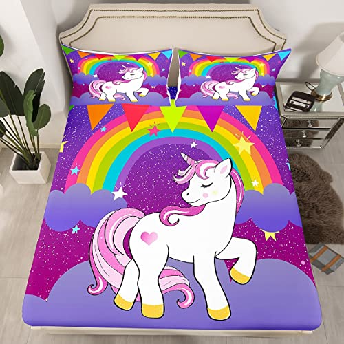 Erosebridal Girls Unicorn Bed Sheet Cute Rainbow Unicorn Print Bedding Sets Kids Cartoon Kawaii Fitted Sheets Galaxy Stars Room Decor Children Purple Twin - color: Multi 0217, size: Twin (No Top/Flat Sheet)